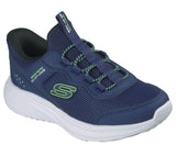 Zapatillas Skechers Bounder Pro marino y lima vista tres cuartos con cordones elásticos