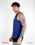 Camiseta hombre running BCN técnica tirantes MOAD marino y azul