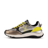 Munich AMBER WMNS 8773005 color 05, perfil lateral plateado con cordones amarillos