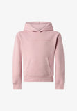 «Sudadera Champion 405482 rosa para niña, vista frontal con capucha, bolsillo canguro y logo en el pecho».