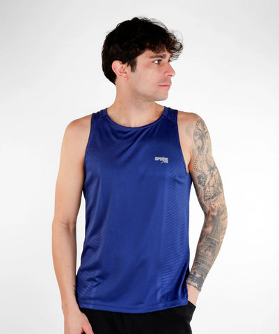 Camiseta hombre running BCN técnica tirantes MOAD marino y azul