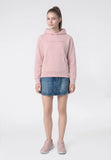 «Sudadera Champion 405482 rosa para niña, vista frontal entera con capucha, bolsillo canguro y logo en el pecho».