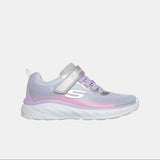 Zapatilla Skechers para niña en tonos pastel con cierre plateado, vista de tres cuartos
