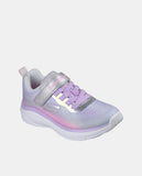 Zapatilla Skechers niña lila, rosa y azul claro, vista lateral con logo plateado