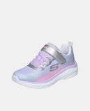 Skechers niña tonos pastel, detalle frontal de cordones lilas y tira de cierre