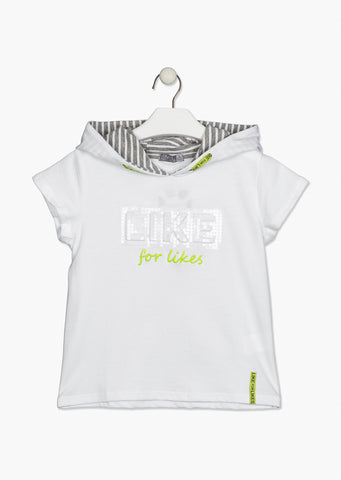 Camiseta niña Losan con capucha y mensaje con lentejuelas 114-1016 blanco